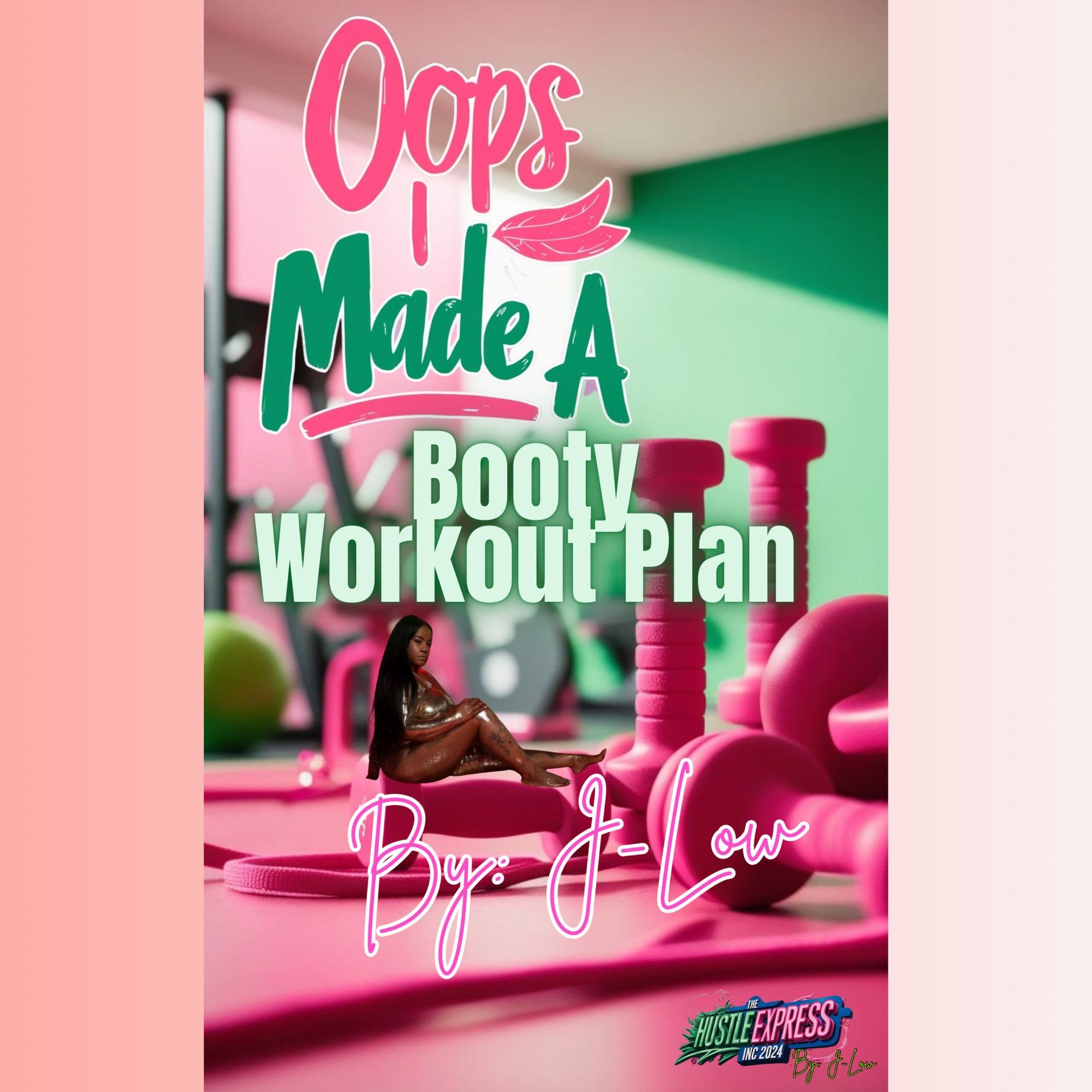 Poster with 'Oops I Made A Booty Workout Plan' text and fitness equipment background.